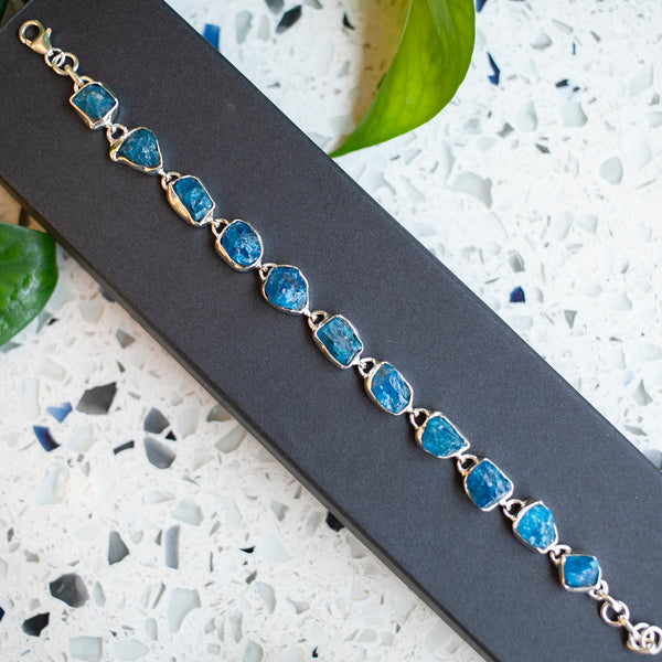 Raw Blue Apatite Bracelet, Sterling Silver