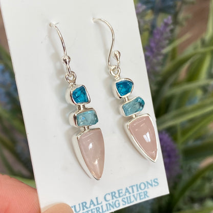 Rose Quartz, Apatite Earrings, .925 Sterling