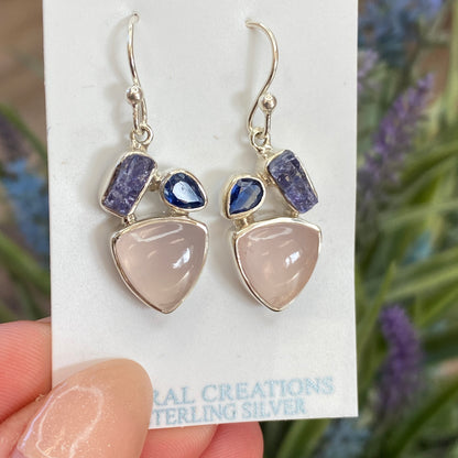 Rose Quartz, Kyanite, Tanzanite Earrings, .925 Sterling