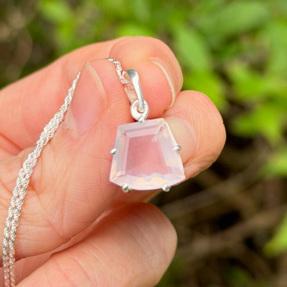 Rose Quartz Gem Pendant, Sterling Silver, Natural, Freeform Faceted Rose Quartz Gem