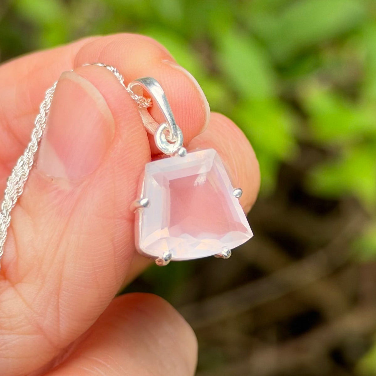 Rose Quartz Gem Pendant, Sterling Silver, Natural, Freeform Faceted Rose Quartz Gem
