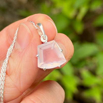 Rose Quartz Gem Pendant, Sterling Silver, Natural, Freeform Faceted Rose Quartz Gem