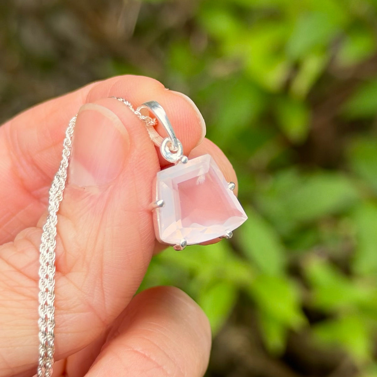 Rose Quartz Gem Pendant, Sterling Silver, Natural, Freeform Faceted Rose Quartz Gem