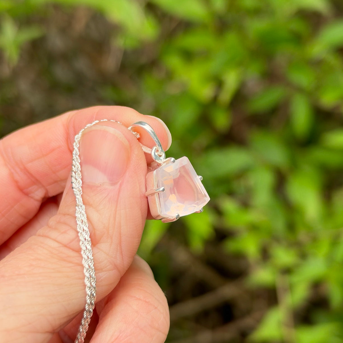 Rose Quartz Gem Pendant, Sterling Silver, Natural, Freeform Faceted Rose Quartz Gem
