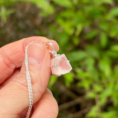 Rose Quartz Gem Pendant, Sterling Silver, Natural, Freeform Faceted Rose Quartz Gem