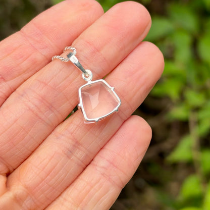 Rose Quartz Gem Pendant, Sterling Silver, Natural, Freeform Faceted Rose Quartz Gem