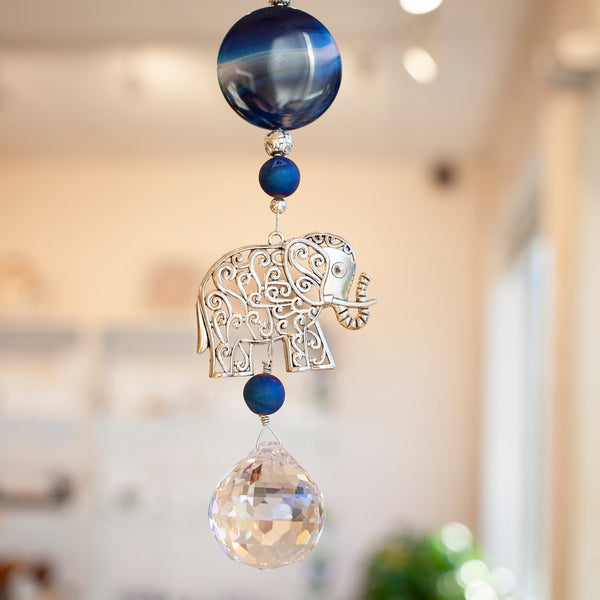 Blue Agate Elephant Suncatcher, Reiki Infused, Local Artist, XL Crystal