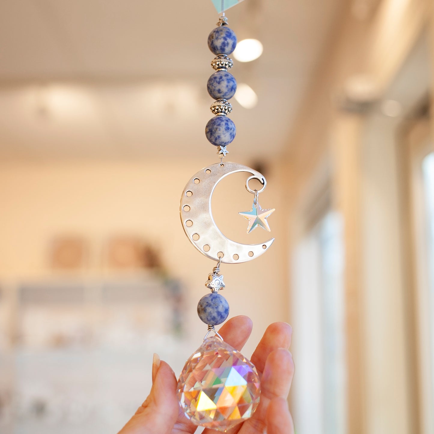 Blue Jasper Moon Suncatcher, Reiki Infused, Local Artist, XL Crystal