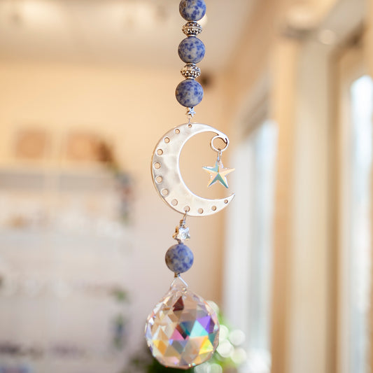 Blue Jasper Moon Suncatcher, Reiki Infused, Local Artist, XL Crystal
