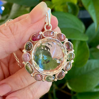 Pink and Green Tourmaline Pendant with Faceted Quartz