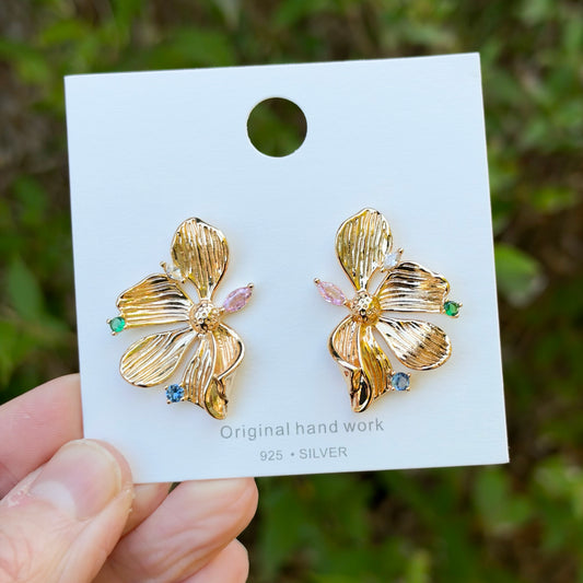 Large Gold Floral Earrings with Gemstones, Gold
