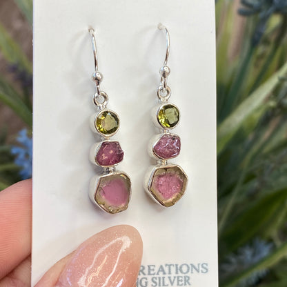 Watermelon Tourmaline Earrings, .925 Sterling