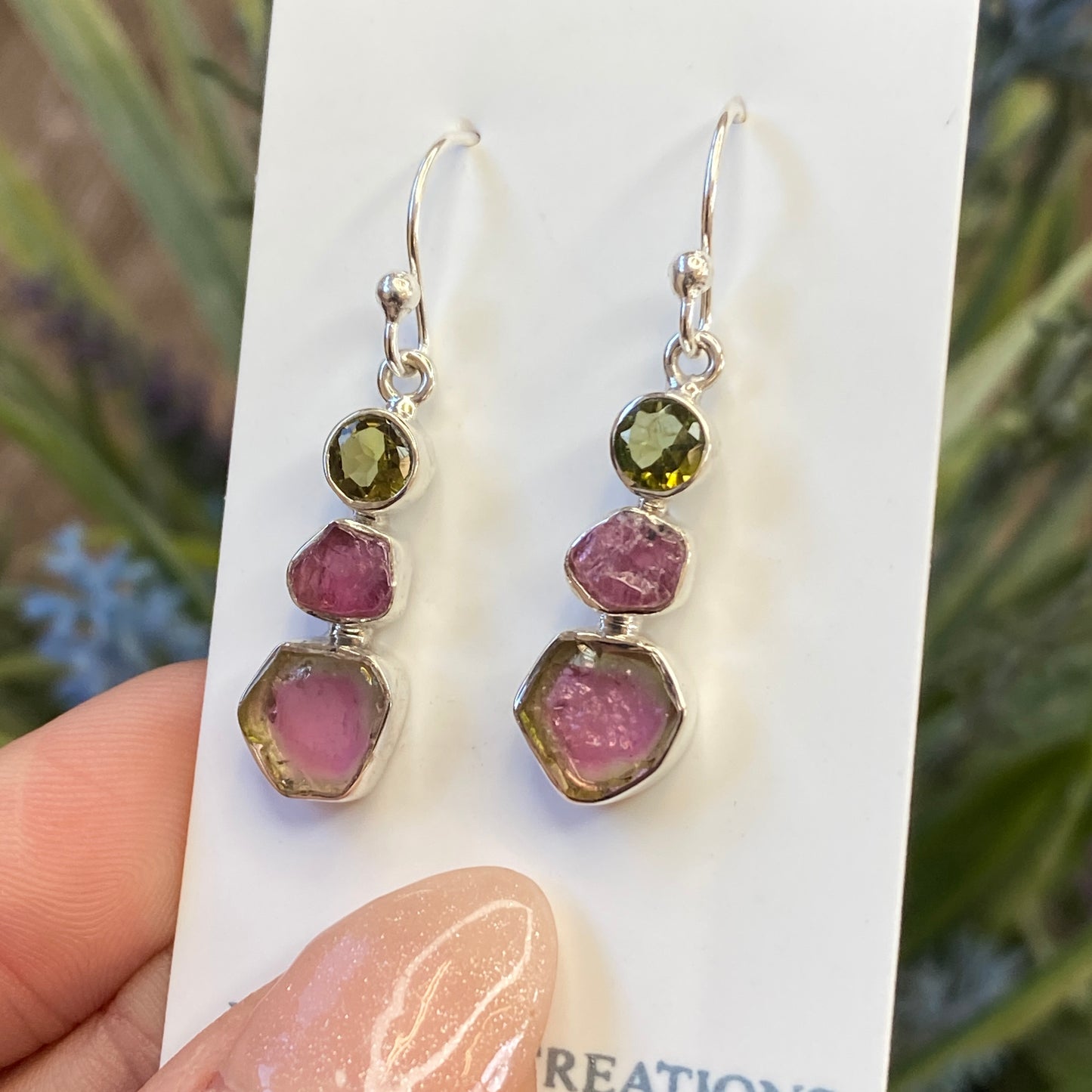 Watermelon Tourmaline Earrings, .925 Sterling