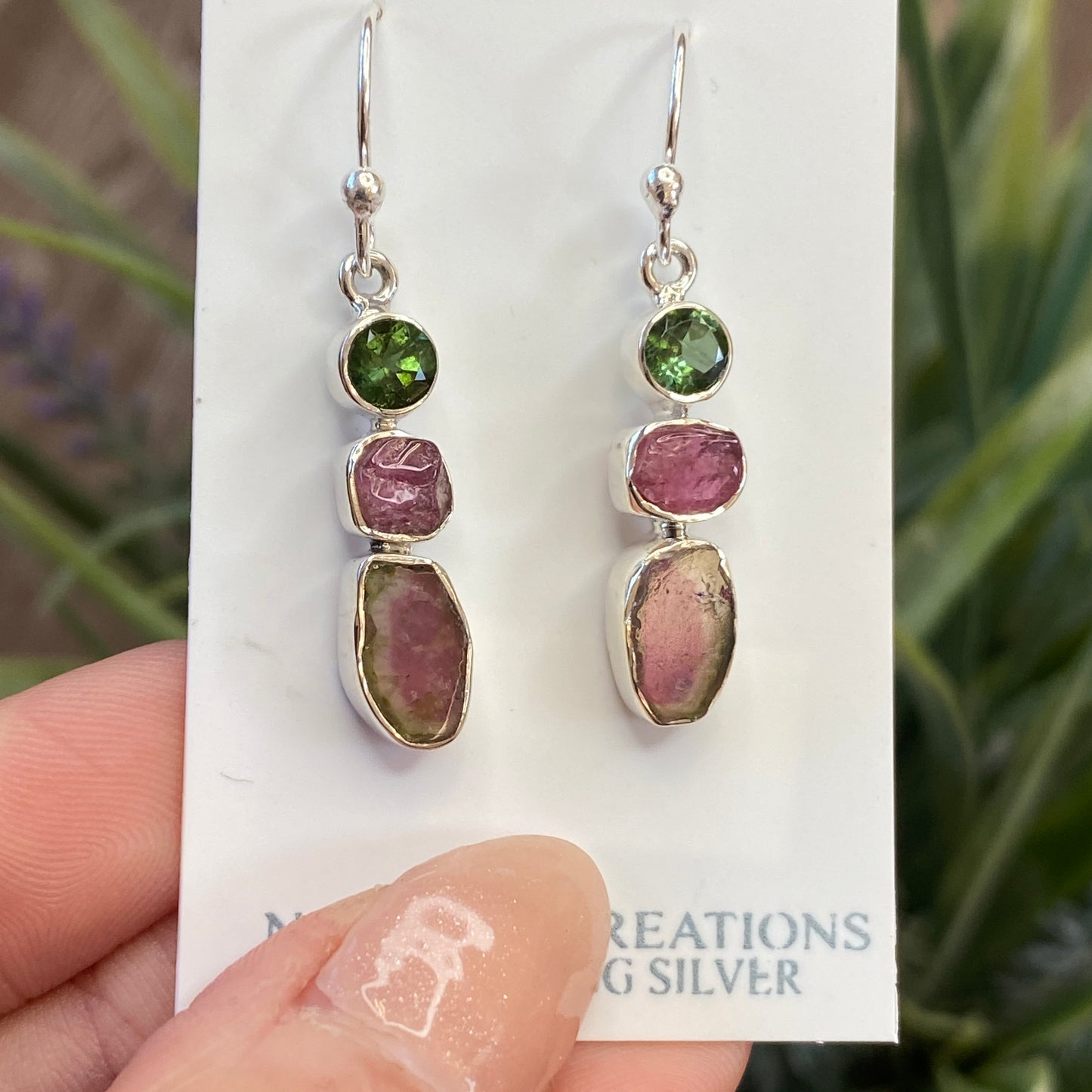 Watermelon Tourmaline Earrings, .925 Sterling