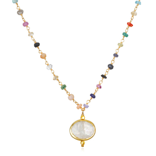 Rainbow Gemstone Necklace with Rainbow Moonstone Bezel, Gold, Amelia Rose Jewelry