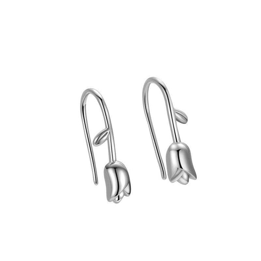 Dainty Tulip Flower Hook Earrings in 925 Sterling Silver