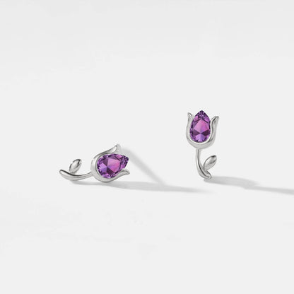 Tiny Amethyst Tulip Flower Earrings in 925 Sterling Silver: Silver