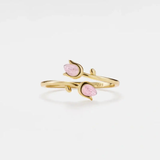 Rose Quartz Tulip Flower Bypass Ring, 14k Gold Plated