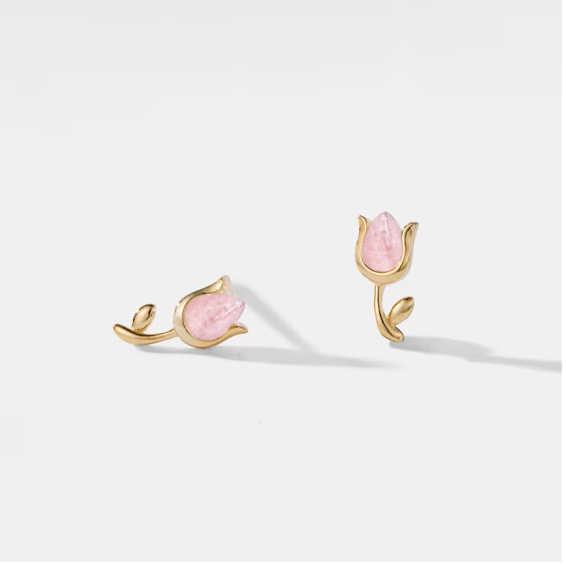 Rose Quartz Tulip Flower Earrings, Gold Plated