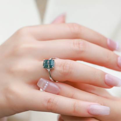 Emerald Cut Moss Agate Solitaire Ring, 925 Sterling Silver