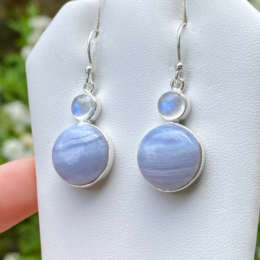 Blue Lace Agate, Moonstone Earrings, .925 Sterling Silver