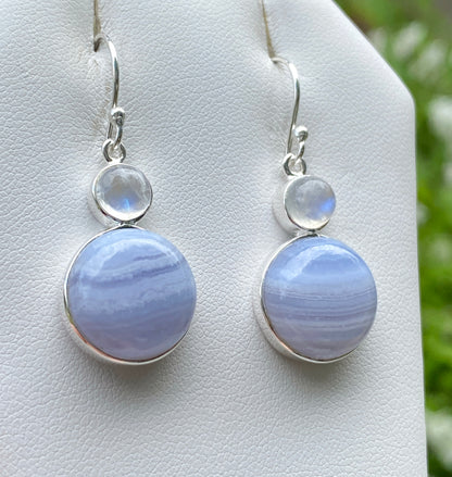 Blue Lace Agate, Moonstone Earrings, .925 Sterling Silver