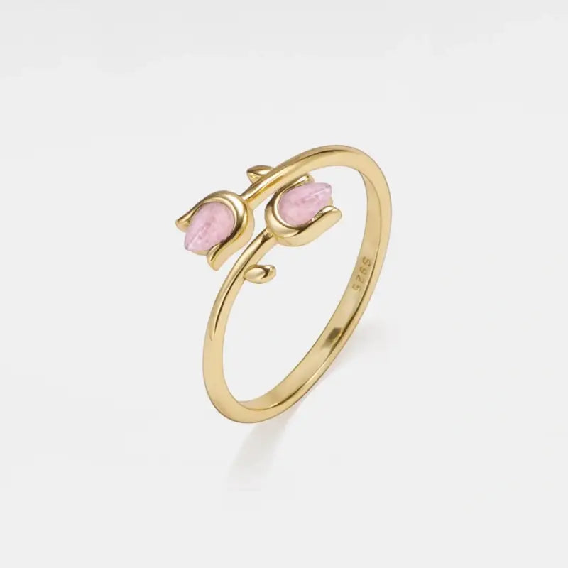 Rose Quartz Tulip Flower Bypass Ring, 14k Gold Plated