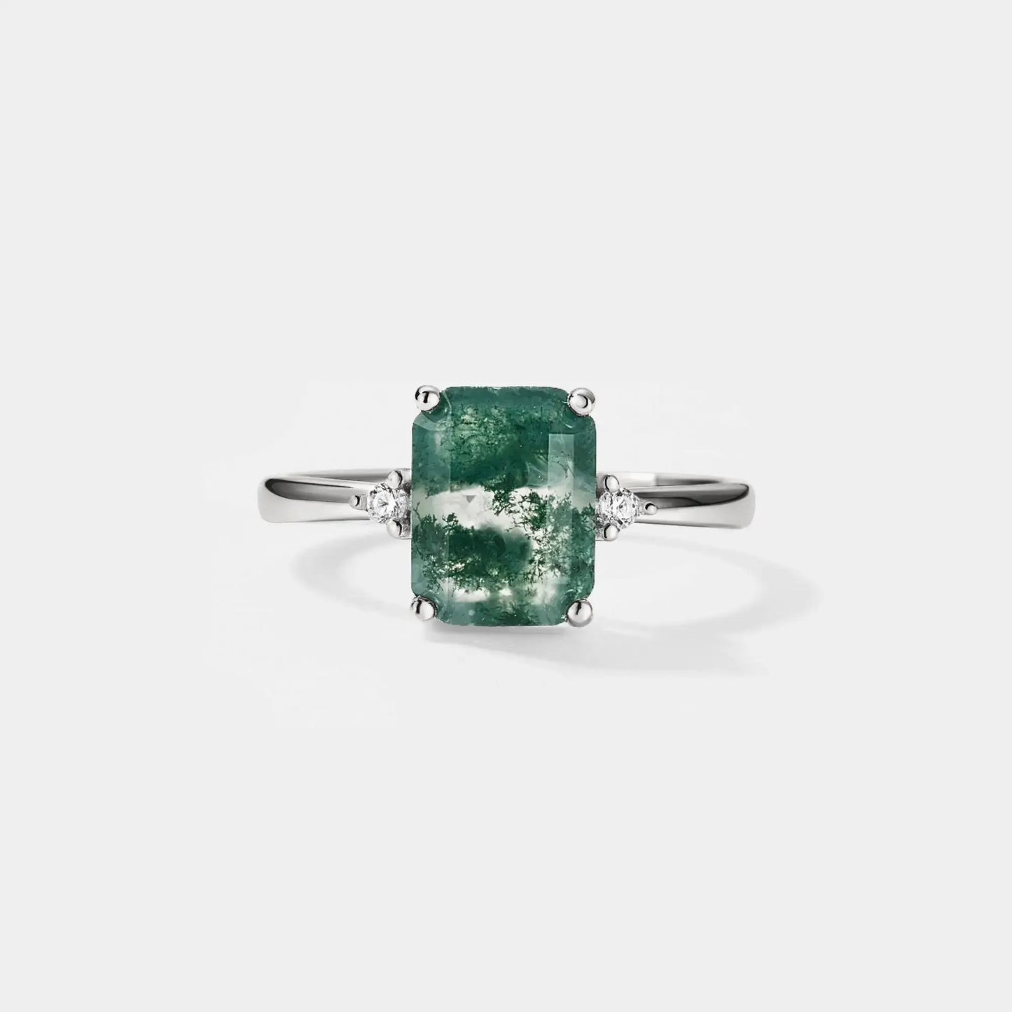 Emerald Cut Moss Agate Solitaire Ring, 925 Sterling Silver