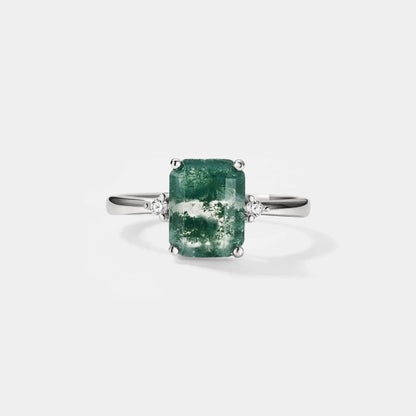 Emerald Cut Moss Agate Solitaire Ring, 925 Sterling Silver