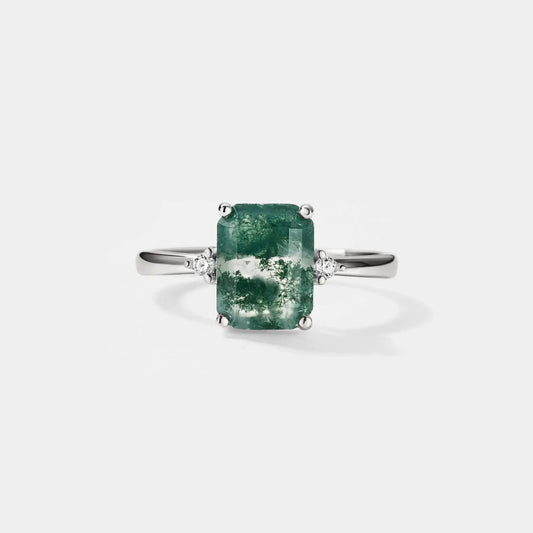 Emerald Cut Moss Agate Solitaire Ring, 925 Sterling Silver