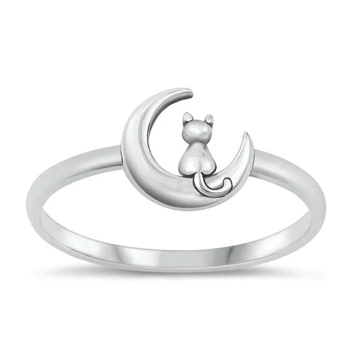 Cat Sitting on the Moon Ring, Solid .925 Silver