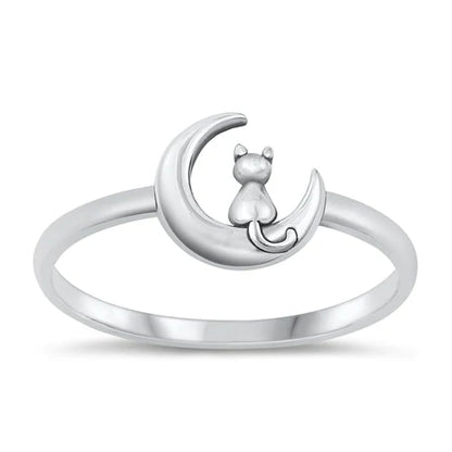 Cat Sitting on the Moon Ring, Solid .925 Silver