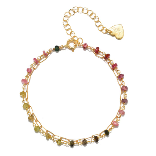 Watermelon Tourmaline Layered Paperclip Bracelet, Gold, Amelia Rose Jewelry