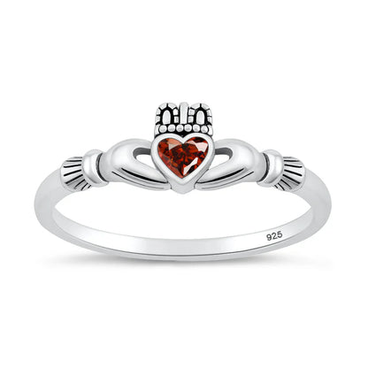Garnet Claddagh Ring, Solid .925 Silver