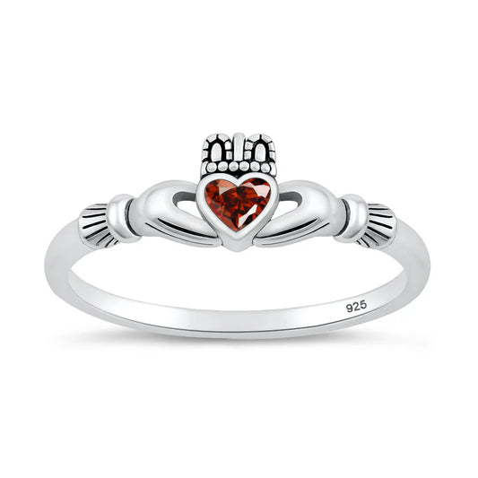 Garnet Claddagh Ring, Solid .925 Silver