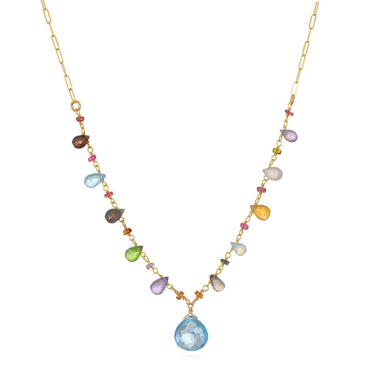 Wildflower Paperclip Necklace, Blue Topaz, Gold