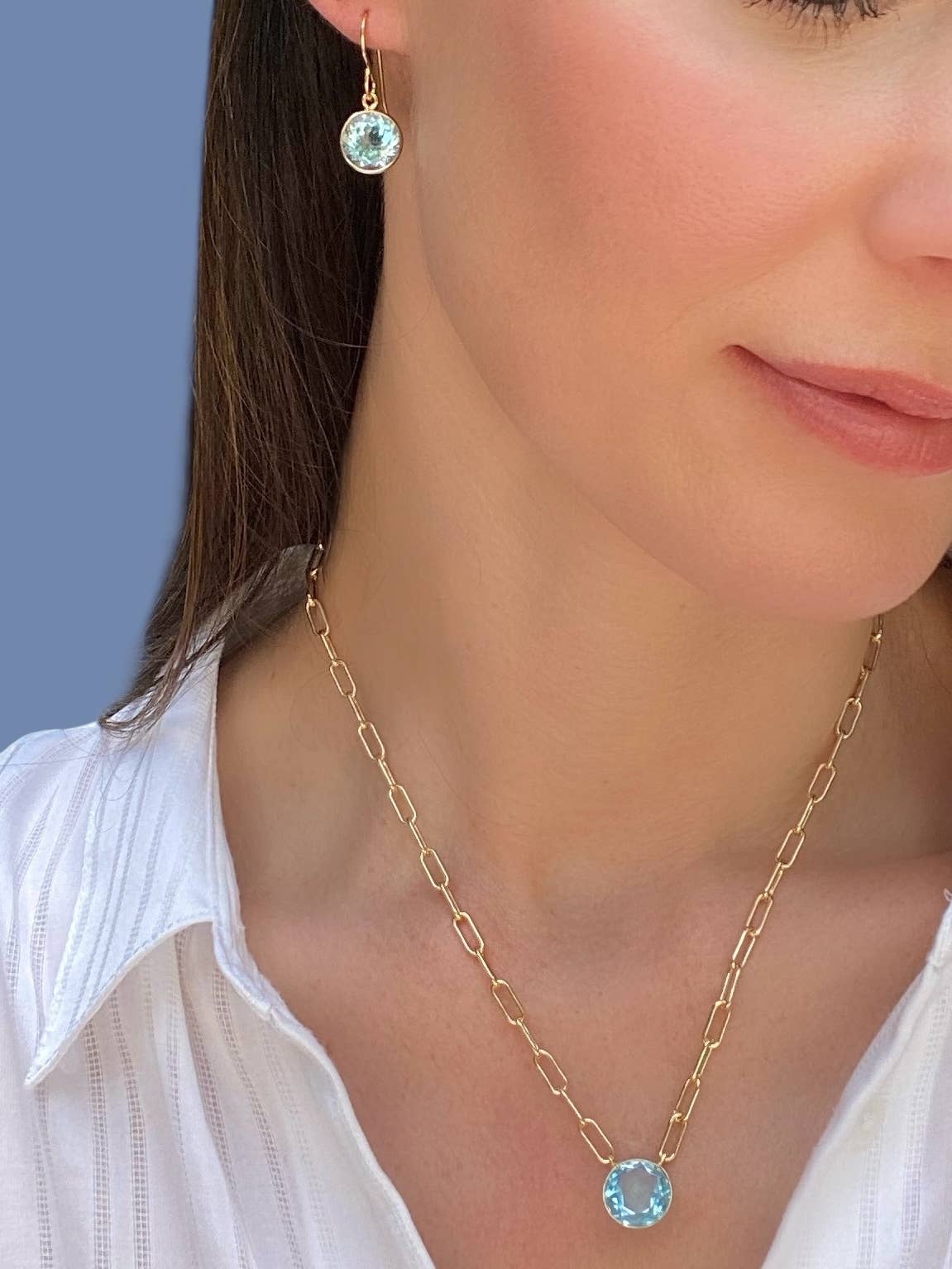 Bezeled Round Gemdrop Earrings, Green Amethyst, Gold, by Amelia Rose