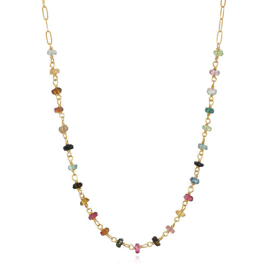 Gold Paperclip Necklace with Pink and Green Tourmaline, Amelia Rose Jewelry