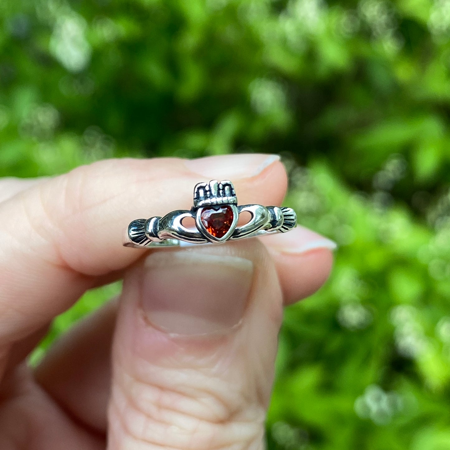 Garnet Claddagh Ring, Solid .925 Silver