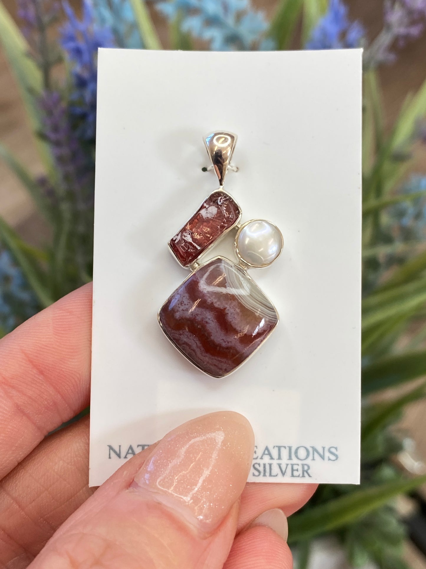 Garnet, Pearl, Crazy Lace Agate Pendant, .925 Sterling