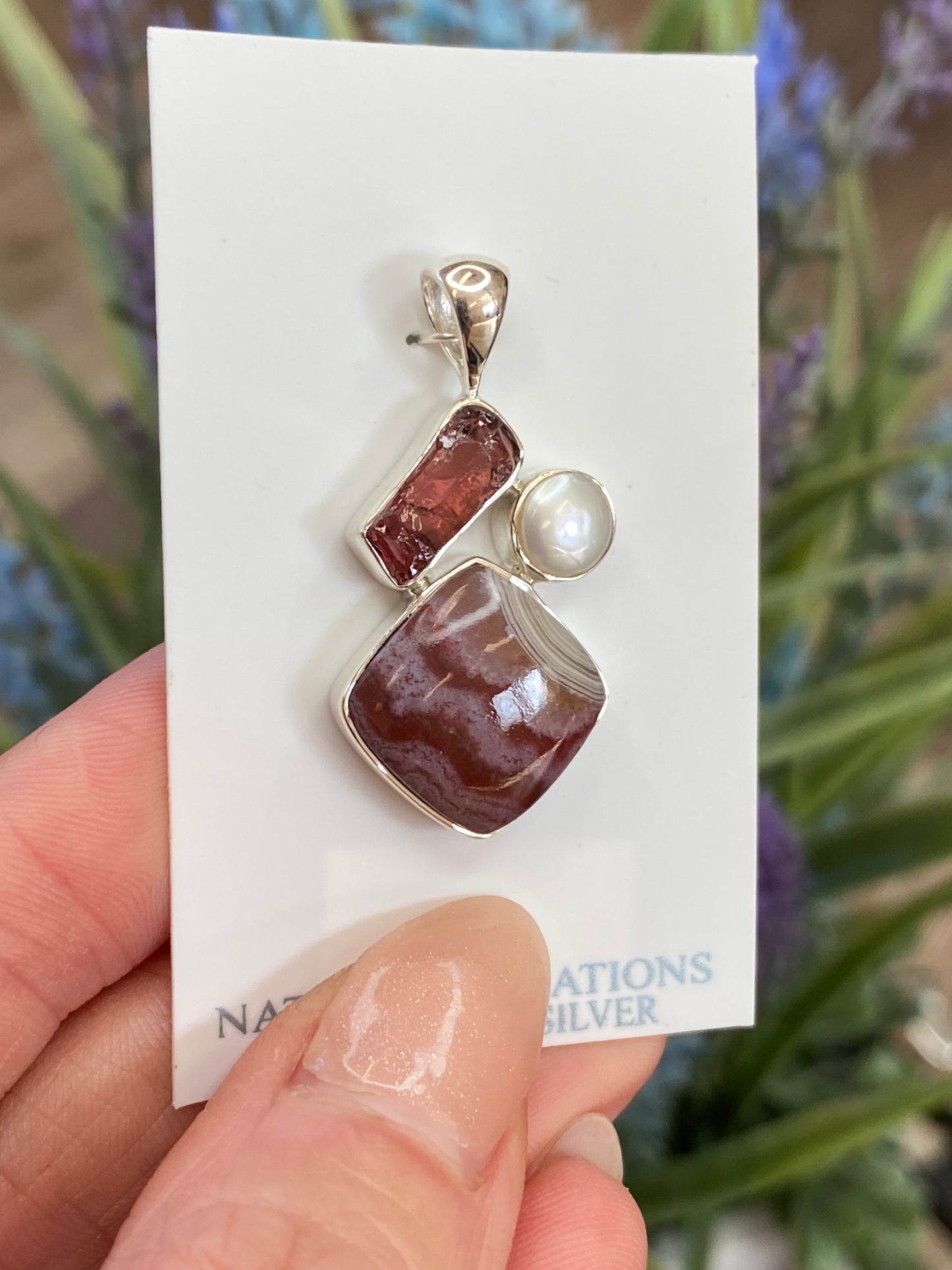 Garnet, Pearl, Crazy Lace Agate Pendant, .925 Sterling