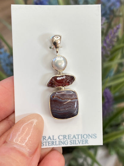 Garnet, Pearl, Crazy Lace Agate Pendant, .925 Sterling