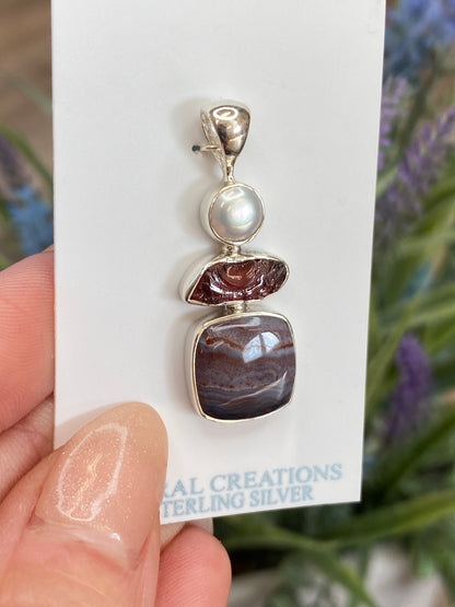 Garnet, Pearl, Crazy Lace Agate Pendant, .925 Sterling