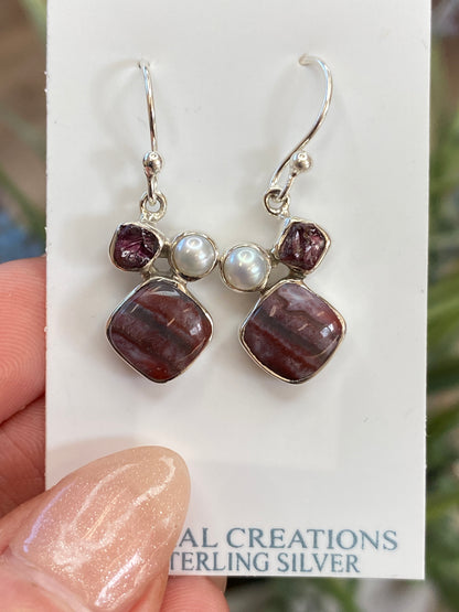 Garnet, Pearl, Crazy Lace Agate Earrings, .925 Sterling