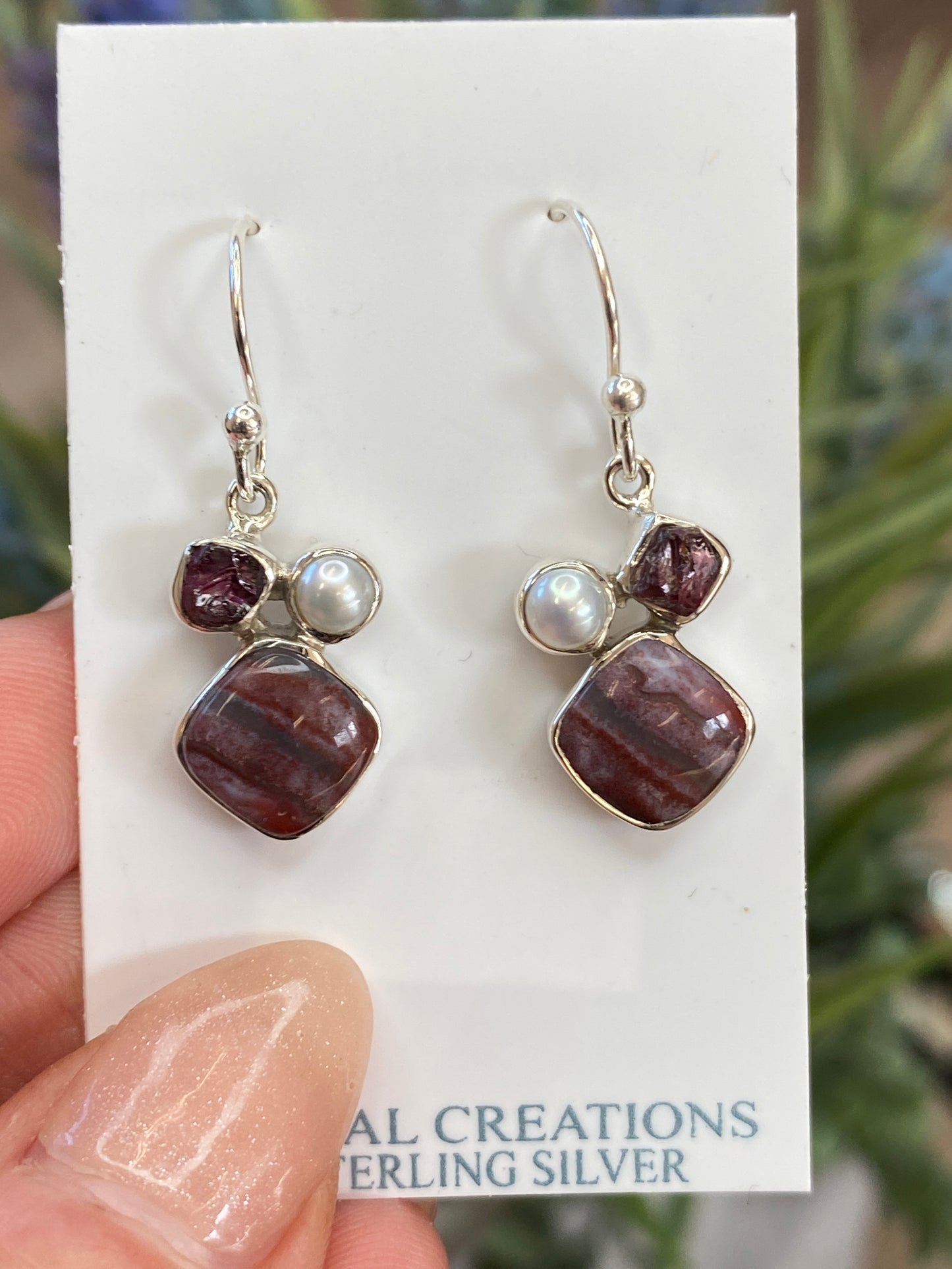 Garnet, Pearl, Crazy Lace Agate Earrings, .925 Sterling