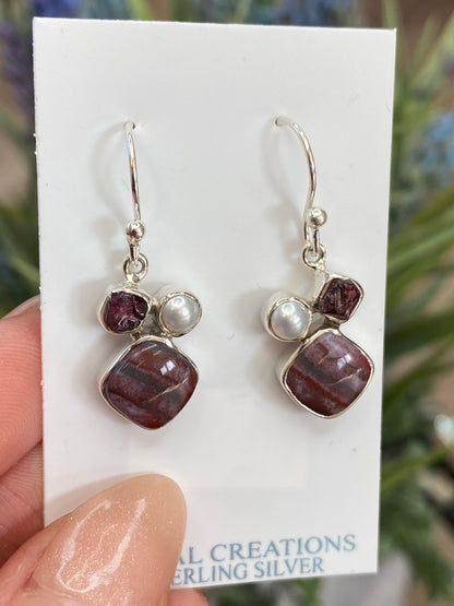 Garnet, Pearl, Crazy Lace Agate Earrings, .925 Sterling