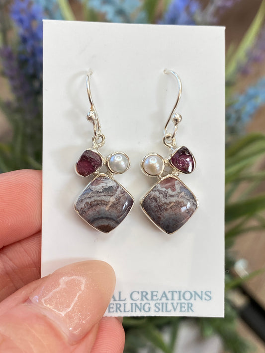 Garnet, Pearl, Crazy Lace Agate Earrings, .925 Sterling