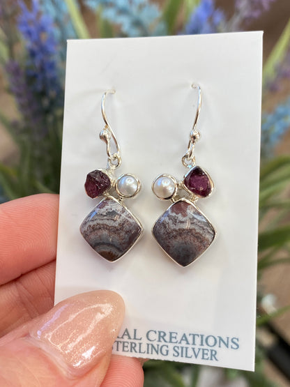 Garnet, Pearl, Crazy Lace Agate Earrings, .925 Sterling