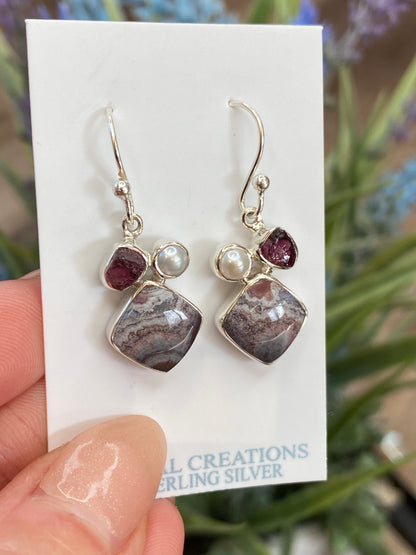 Garnet, Pearl, Crazy Lace Agate Earrings, .925 Sterling