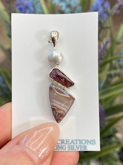 Garnet, Pearl, Crazy Lace Agate Pendant, .925 Sterling